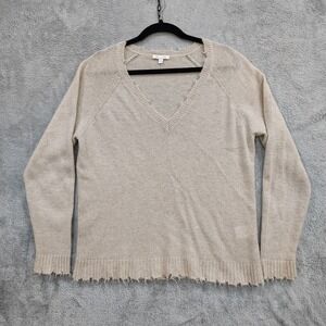 Minnie Rose Cashmere‎ Frayed Edge V Neck Sweater Size Medium Beige Minimal